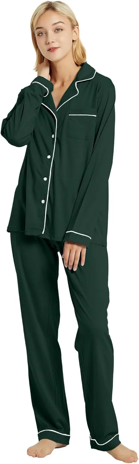 100% Cotton Pajama Set for Women Long Sleeve Womens Sleepwear Button Down NightWear Soft Pj Lounge Sets
