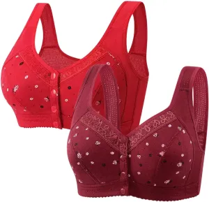 2 Pack Daisy Bras for Older Women 2025 Front Close Button Bras Comfortable Full Coverage No Underwire Bras