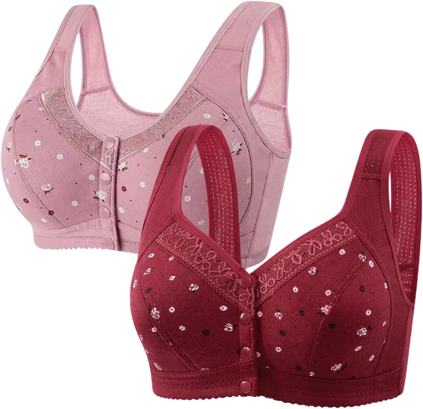 2 Pack Daisy Bras for Older Women 2025 Front Close Button Bras Comfortable Full Coverage No Underwire Bras