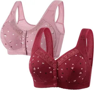 2 Pack Daisy Bras for Older Women 2025 Front Close Button Bras Comfortable Full Coverage No Underwire Bras