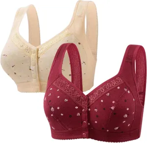 2 Pack Daisy Bras for Older Women 2025 Front Close Button Bras Comfortable Full Coverage No Underwire Bras