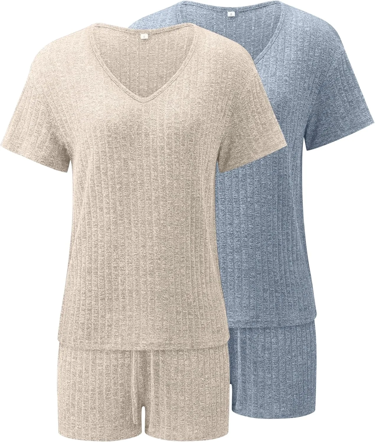 2 Pack Women's 2 Piece Ribbed Lounge Short Sets, Knit Short Sleeve V Neck Tops and Pockets Shorts Pajama Outfits
