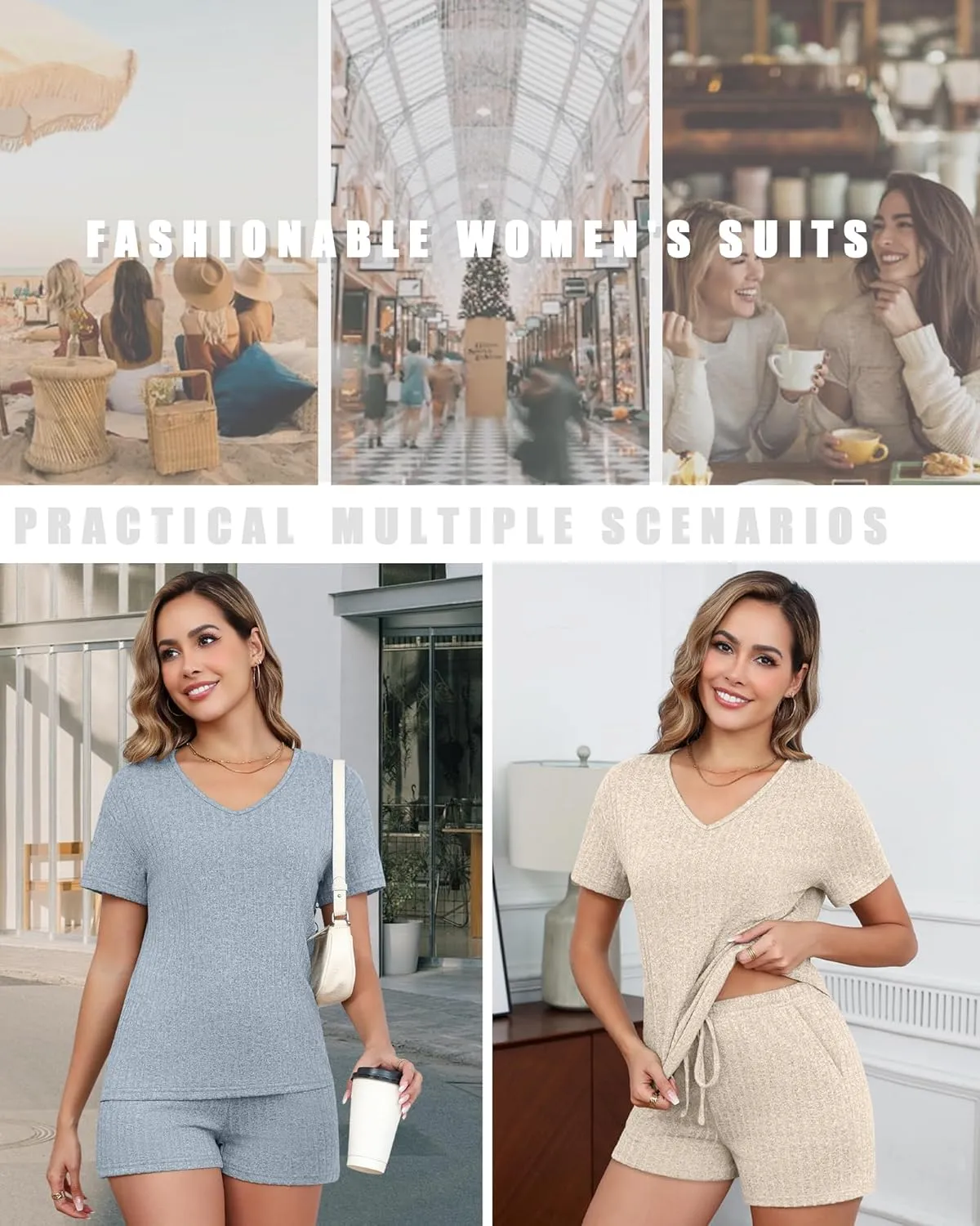 2 Pack Women's 2 Piece Ribbed Lounge Short Sets, Knit Short Sleeve V Neck Tops and Pockets Shorts Pajama Outfits
