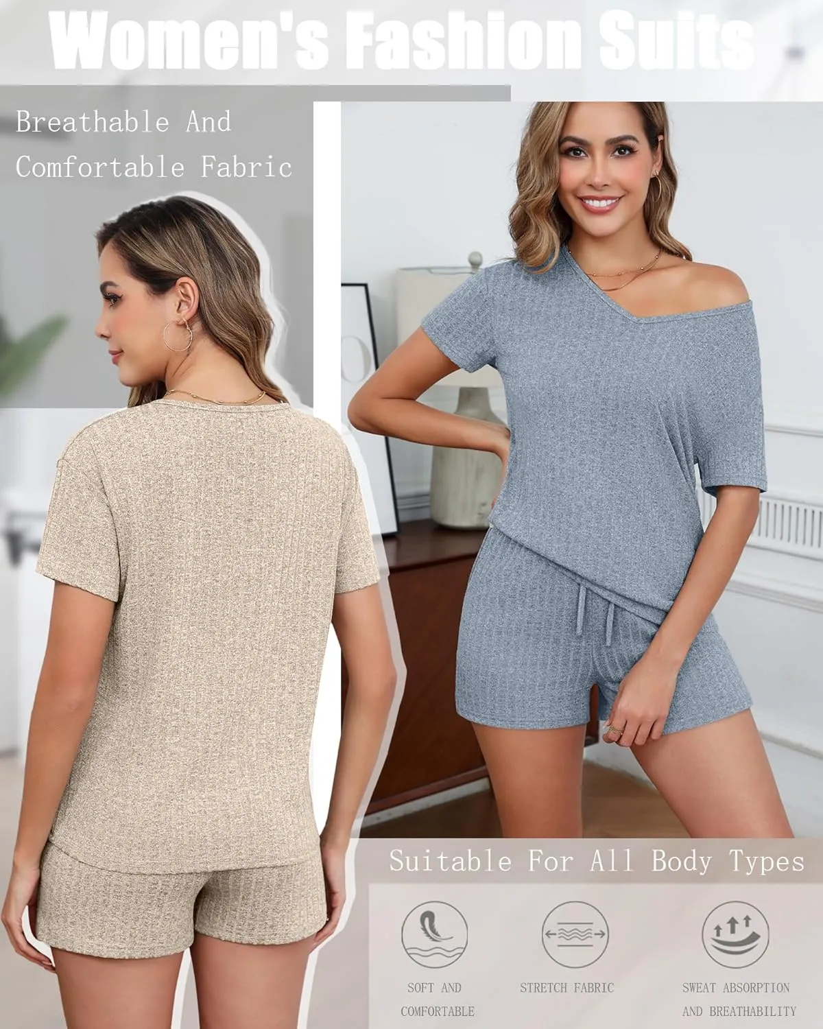 2 Pack Women's 2 Piece Ribbed Lounge Short Sets, Knit Short Sleeve V Neck Tops and Pockets Shorts Pajama Outfits