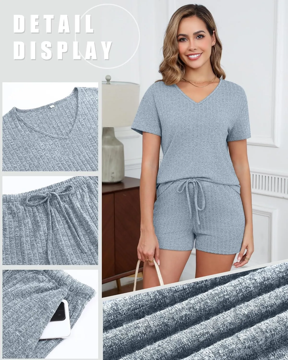 2 Pack Women's 2 Piece Ribbed Lounge Short Sets, Knit Short Sleeve V Neck Tops and Pockets Shorts Pajama Outfits