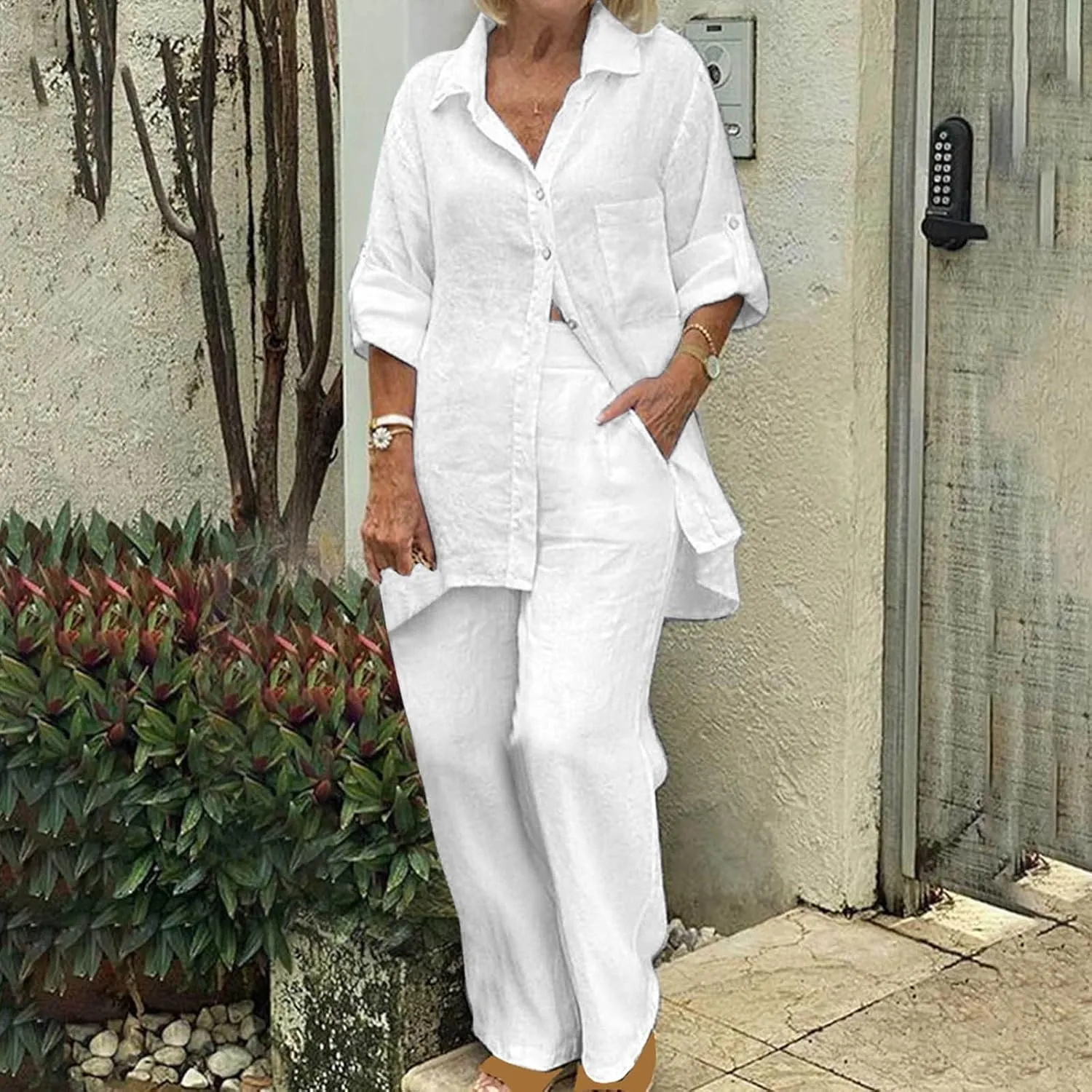 2 Piece Outfits for Women Cotton Linen Sets Plus Size Casual Loose Fit Tops Drawstring Camo Pants Tracksuit Set