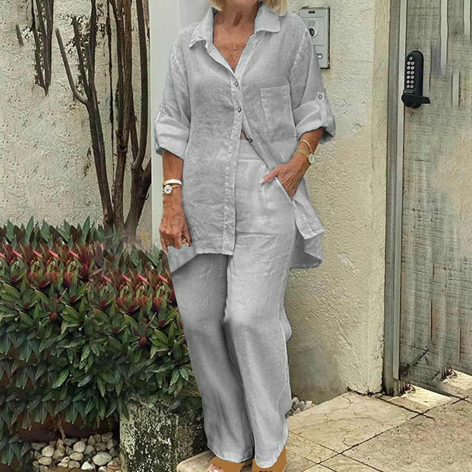 2 Piece Outfits for Women Cotton Linen Sets Plus Size Casual Loose Fit Tops Drawstring Camo Pants Tracksuit Set