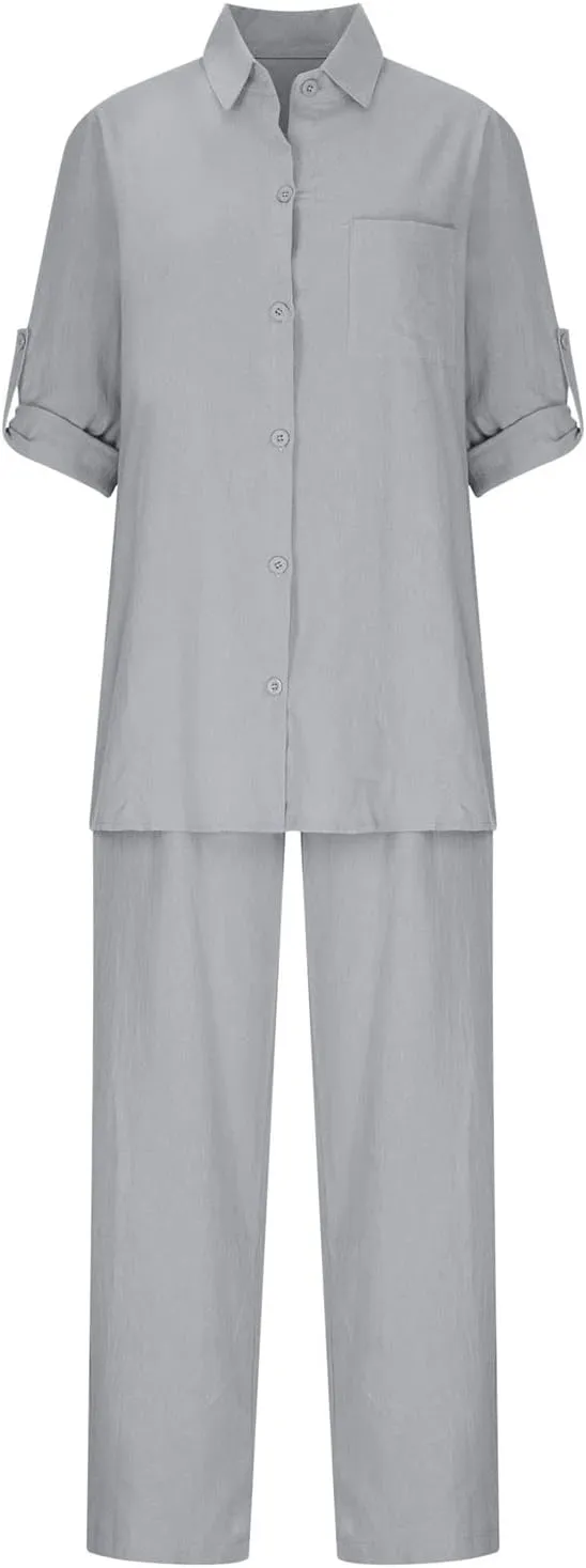 2 Piece Outfits for Women Cotton Linen Sets Plus Size Casual Loose Fit Tops Drawstring Camo Pants Tracksuit Set