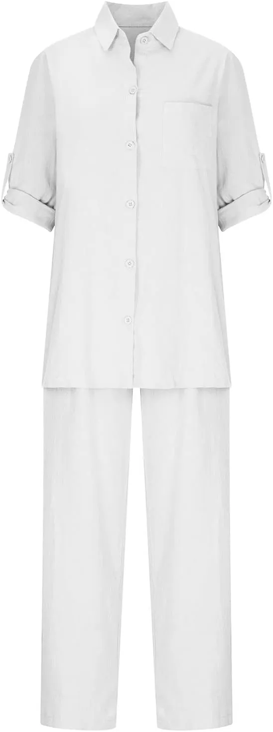2 Piece Outfits for Women Cotton Linen Sets Plus Size Casual Loose Fit Tops Drawstring Camo Pants Tracksuit Set