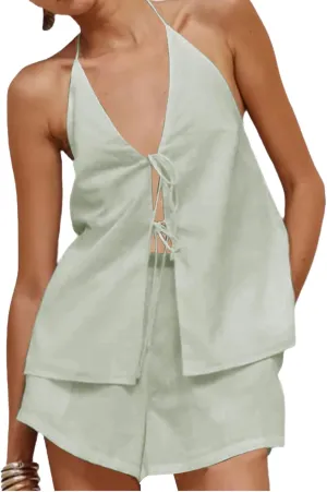 2 Piece Sets for Women Summer Curvy Sleeveless Cami Linen Tie Front Top Short Set Backless Tank Sexy Beach Vacation