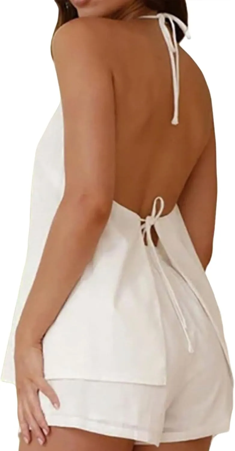2 Piece Sets for Women Summer Curvy Sleeveless Cami Linen Tie Front Top Short Set Backless Tank Sexy Beach Vacation