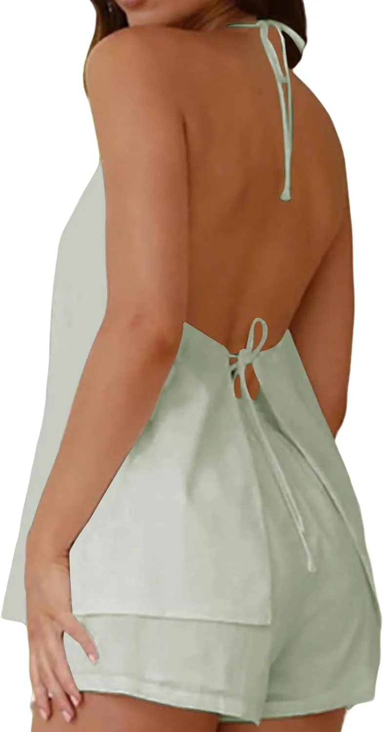 2 Piece Sets for Women Summer Curvy Sleeveless Cami Linen Tie Front Top Short Set Backless Tank Sexy Beach Vacation