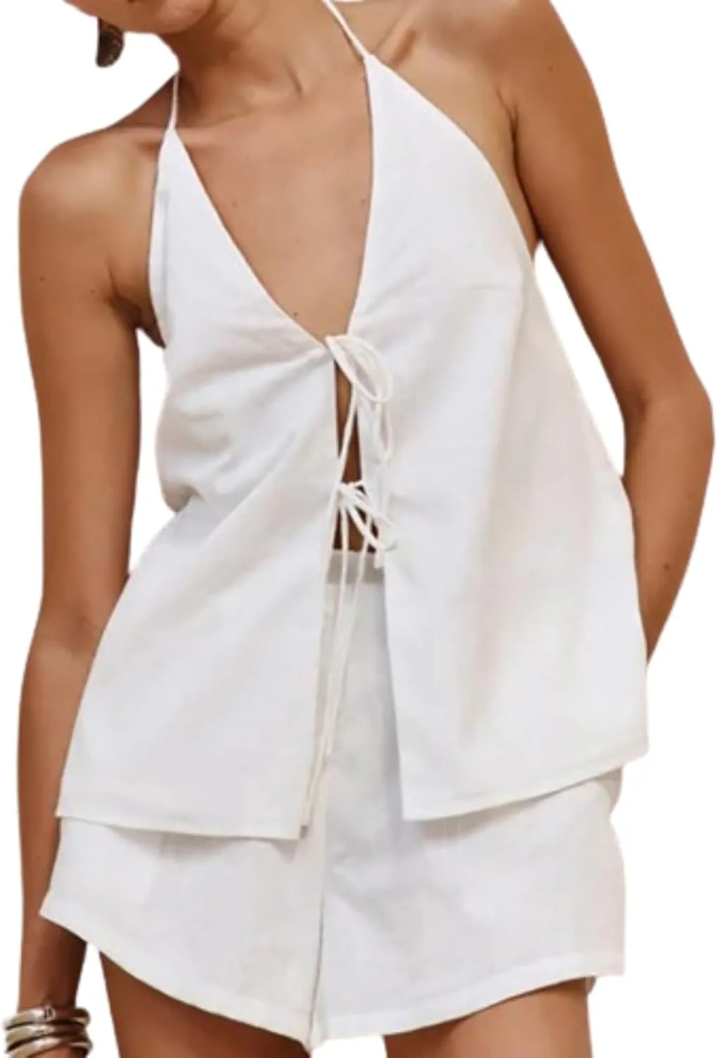 2 Piece Sets for Women Summer Curvy Sleeveless Cami Linen Tie Front Top Short Set Backless Tank Sexy Beach Vacation