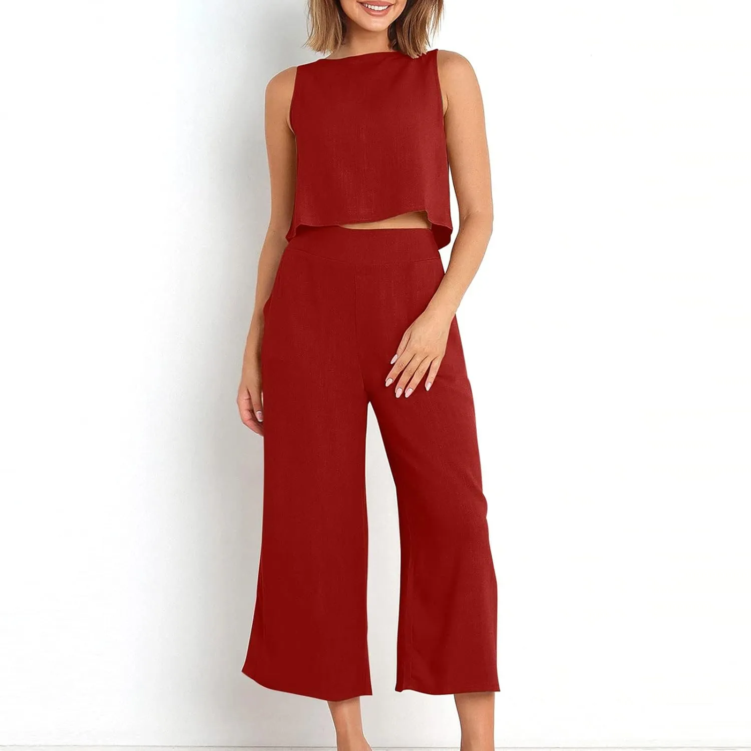 2 Piece Sets for Women Trendy 2025 Sleeveless Crop Top Wide Leg Pants Linen Travel Jumpsuit Lounge Beach Outfits