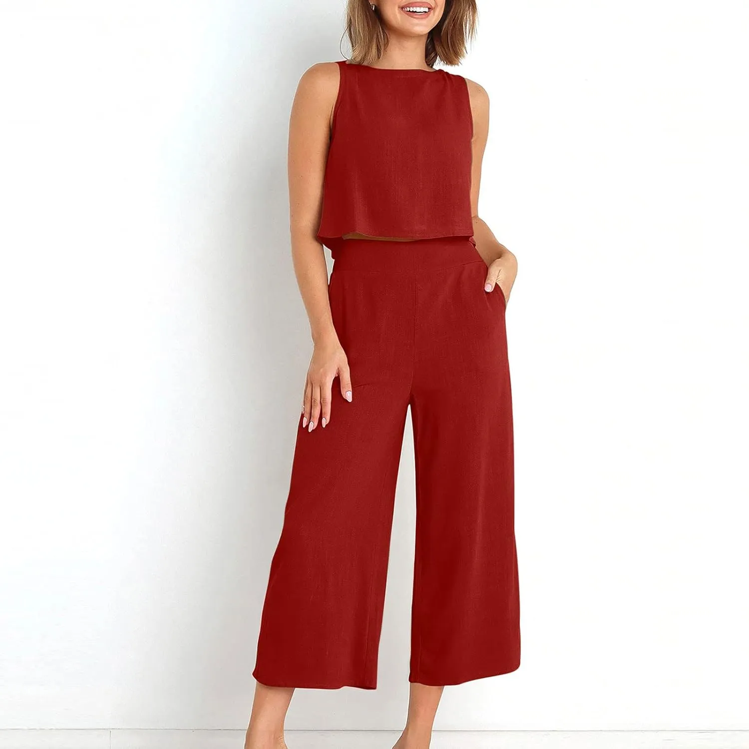 2 Piece Sets for Women Trendy 2025 Sleeveless Crop Top Wide Leg Pants Linen Travel Jumpsuit Lounge Beach Outfits