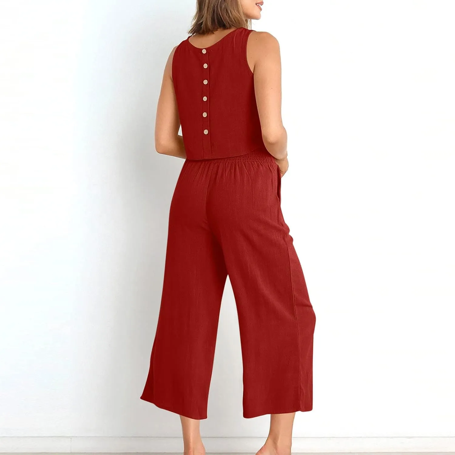 2 Piece Sets for Women Trendy 2025 Sleeveless Crop Top Wide Leg Pants Linen Travel Jumpsuit Lounge Beach Outfits