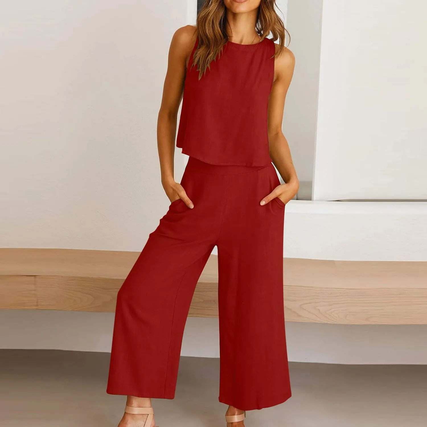2 Piece Sets for Women Trendy 2025 Sleeveless Crop Top Wide Leg Pants Linen Travel Jumpsuit Lounge Beach Outfits