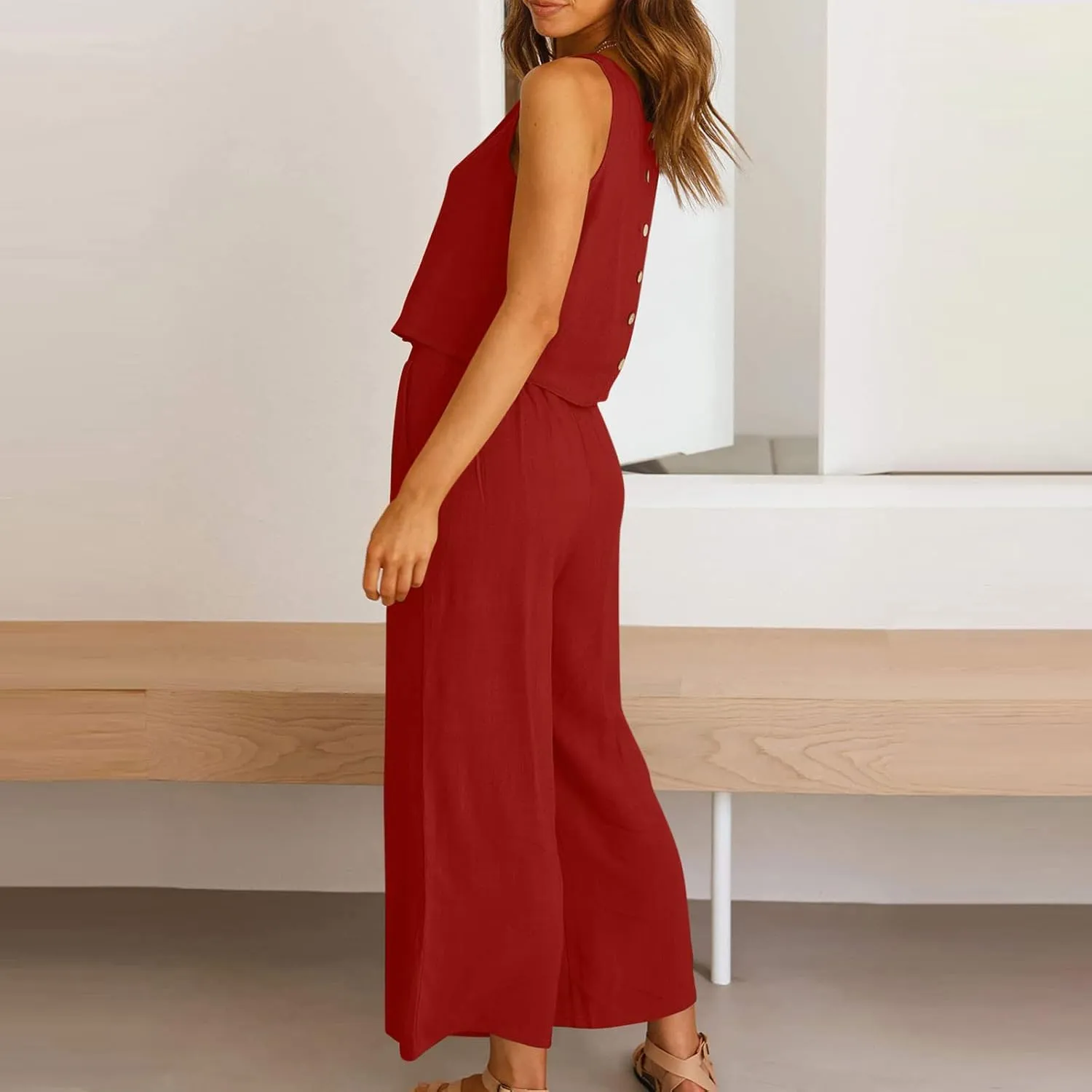 2 Piece Sets for Women Trendy 2025 Sleeveless Crop Top Wide Leg Pants Linen Travel Jumpsuit Lounge Beach Outfits