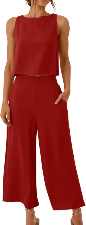 2 Piece Sets for Women Trendy 2025 Sleeveless Crop Top Wide Leg Pants Linen Travel Jumpsuit Lounge Beach Outfits