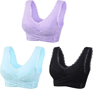 3 Pack Kendally Bra, Kendally Comfy Corset Bra Front Cross Side Buckle Lace Bras Wireless Push Up Slim and Shape Bra
