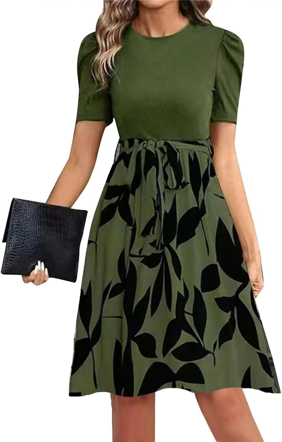 ADHOWBEW Womens Dresses Waist Tie Floral Print Round Neck Short Sleeve Graduation Sexy Beach Casual Dresses