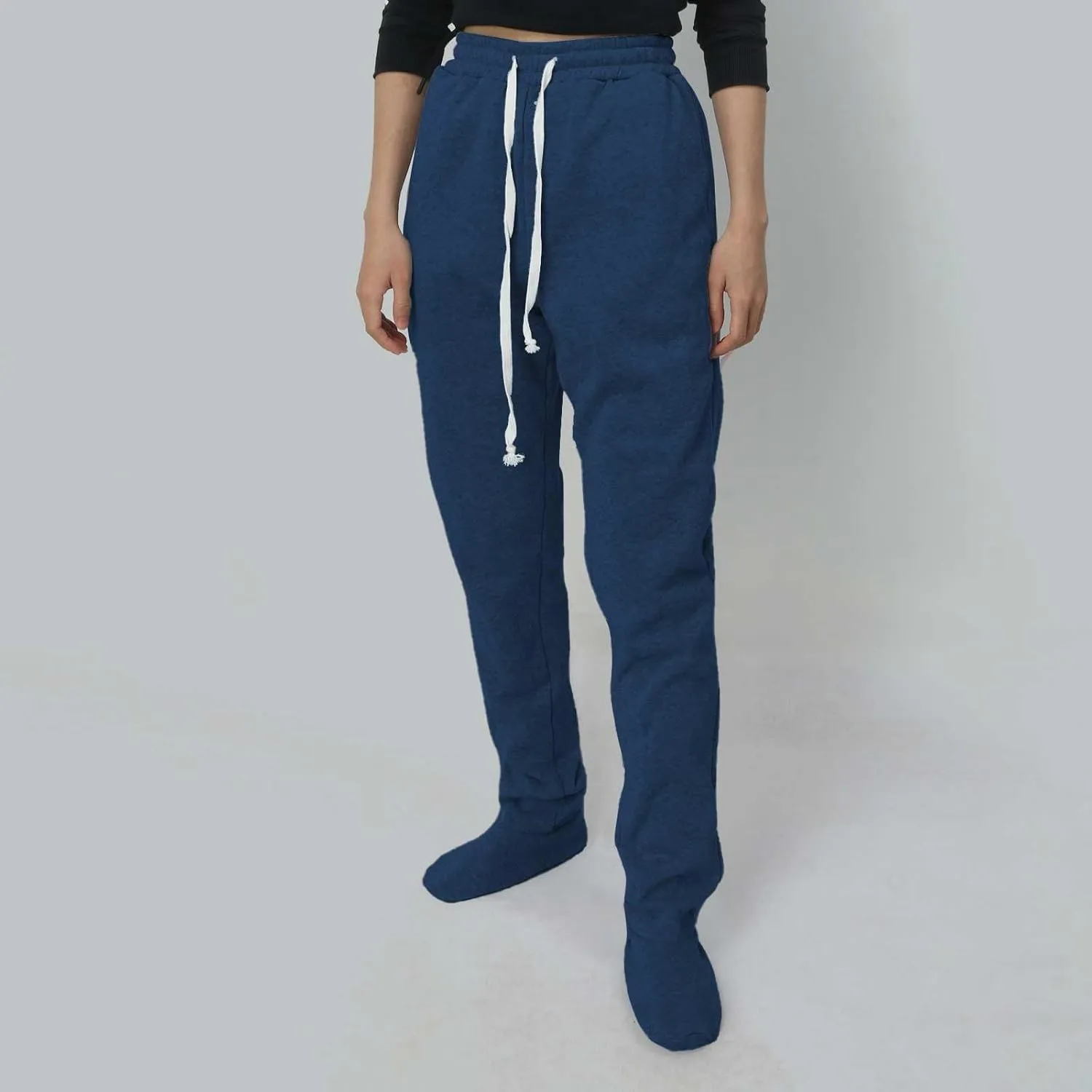 Adult Footed Sweatpants with Sherpa Fleece Lined Feet Winter Soft Warm Nightwear Loungewear Solid Footed Loose Pajamas Pants