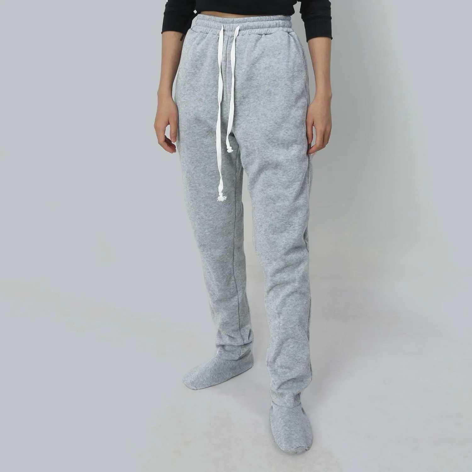 Adult Footed Sweatpants with Sherpa Fleece Lined Feet Winter Soft Warm Nightwear Loungewear Solid Footed Loose Pajamas Pants