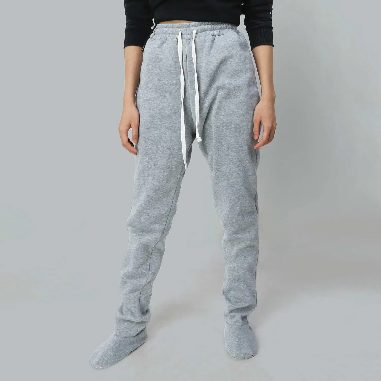 Adult Footed Sweatpants with Sherpa Fleece Lined Feet Winter Soft Warm Nightwear Loungewear Solid Footed Loose Pajamas Pants