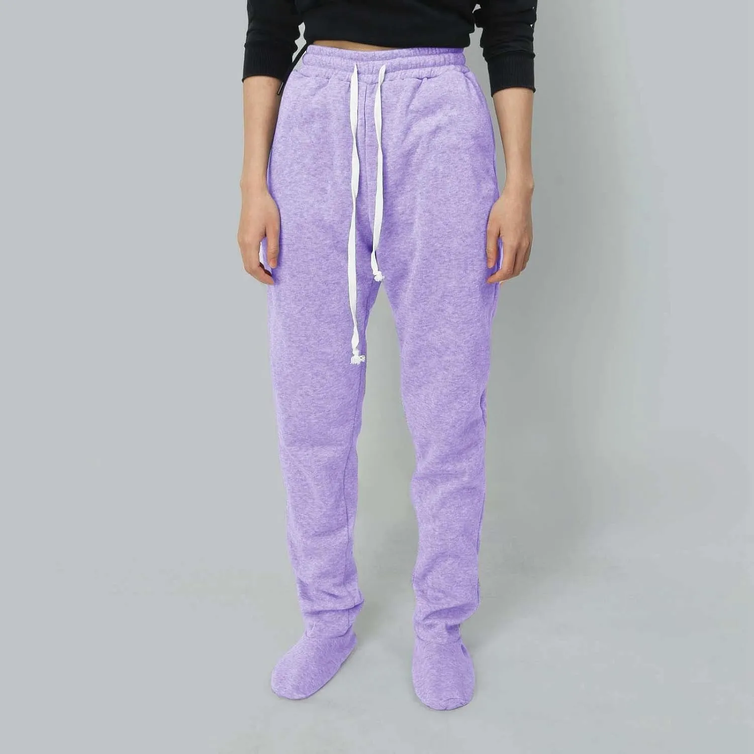 Adult Footed Sweatpants with Sherpa Fleece Lined Feet Winter Soft Warm Nightwear Loungewear Solid Footed Loose Pajamas Pants