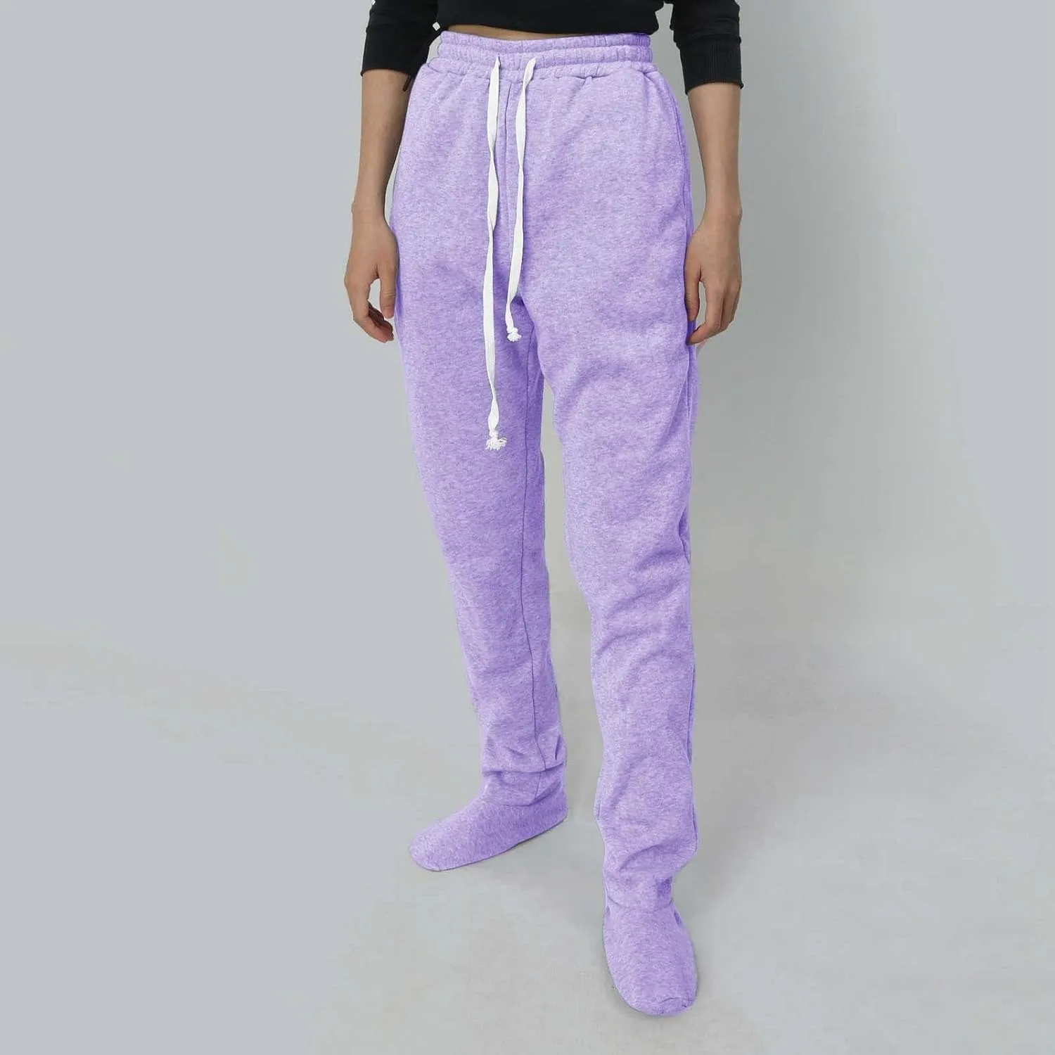 Adult Footed Sweatpants with Sherpa Fleece Lined Feet Winter Soft Warm Nightwear Loungewear Solid Footed Loose Pajamas Pants