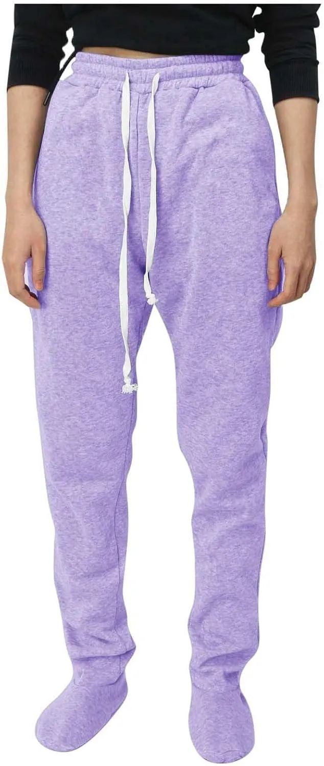 Adult Footed Sweatpants with Sherpa Fleece Lined Feet Winter Soft Warm Nightwear Loungewear Solid Footed Loose Pajamas Pants
