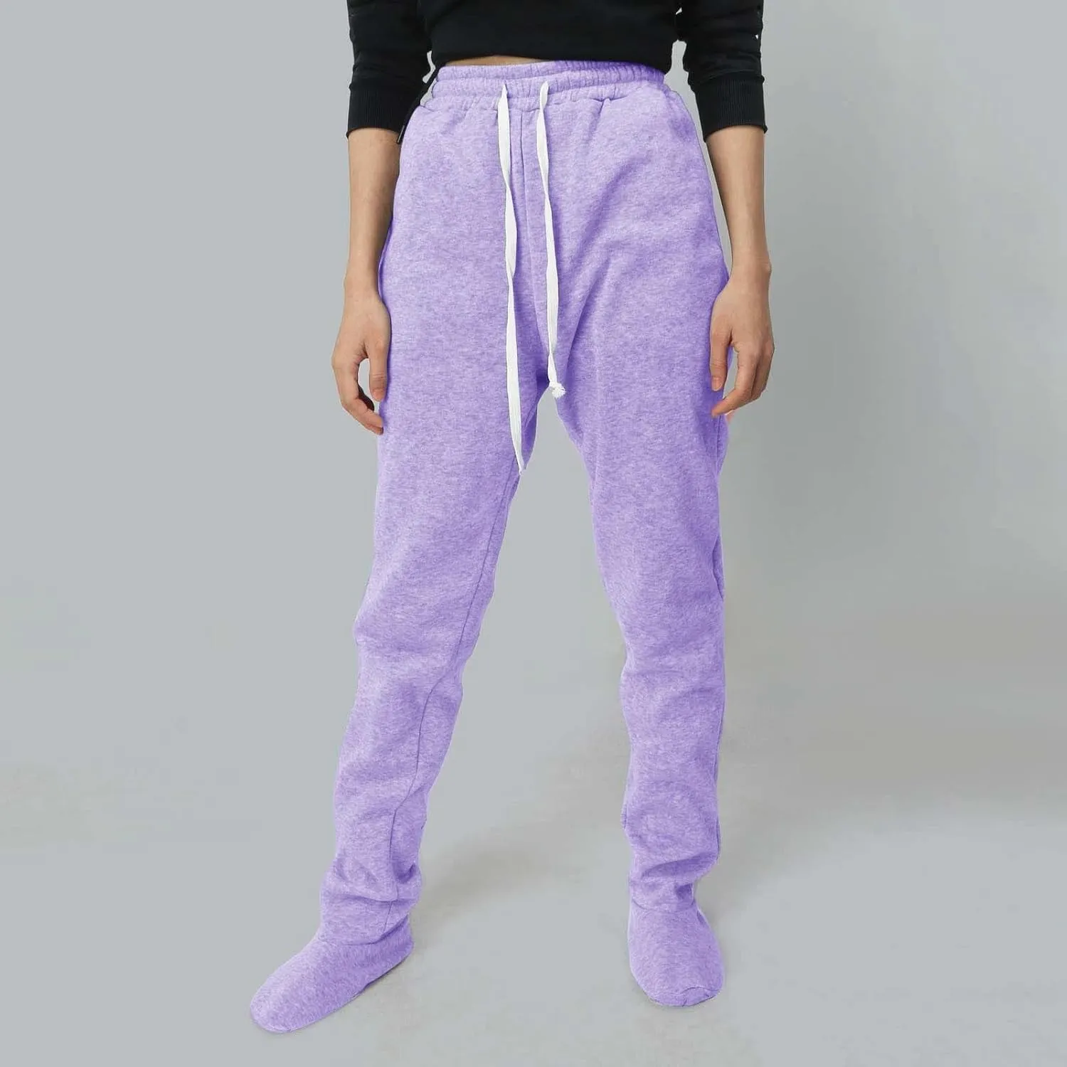 Adult Footed Sweatpants with Sherpa Fleece Lined Feet Winter Soft Warm Nightwear Loungewear Solid Footed Loose Pajamas Pants