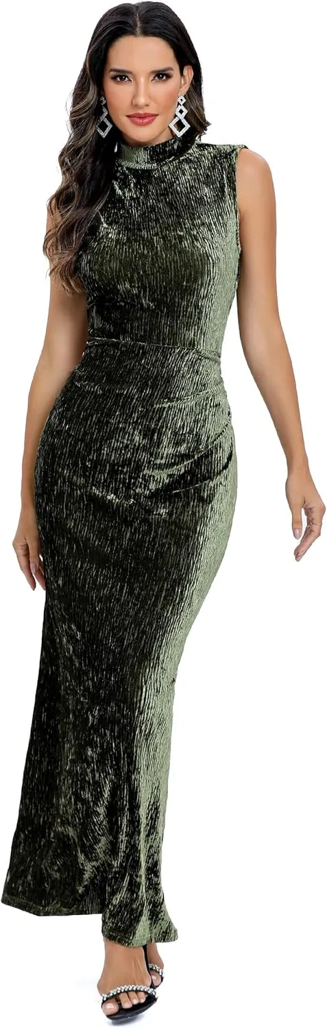 Aigeman Women Open Back Velvet Maxi Dress Halter Evening Gown Back Split Backless Bodycon Velvet Cocktail Dress 79