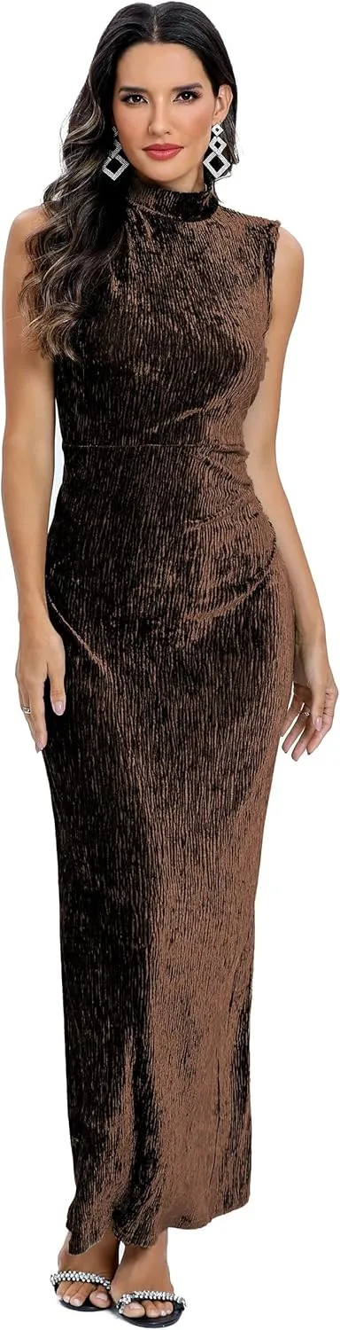 Aigeman Women Open Back Velvet Maxi Dress Halter Evening Gown Back Split Backless Bodycon Velvet Cocktail Dress 79