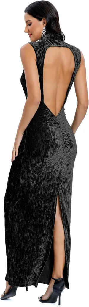 Aigeman Women Open Back Velvet Maxi Dress Halter Evening Gown Back Split Backless Bodycon Velvet Cocktail Dress 79