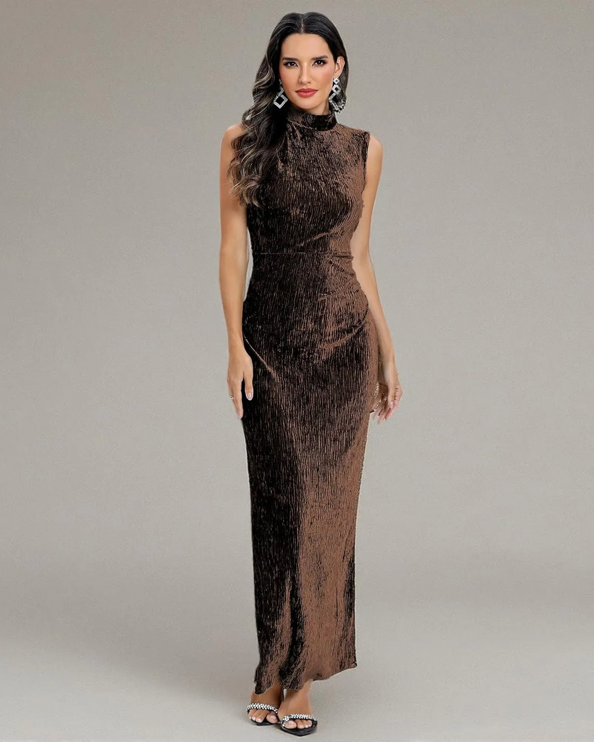 Aigeman Women Open Back Velvet Maxi Dress Halter Evening Gown Back Split Backless Bodycon Velvet Cocktail Dress 79