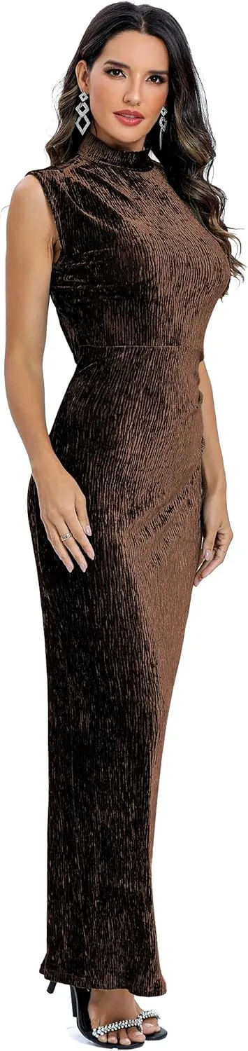 Aigeman Women Open Back Velvet Maxi Dress Halter Evening Gown Back Split Backless Bodycon Velvet Cocktail Dress 79