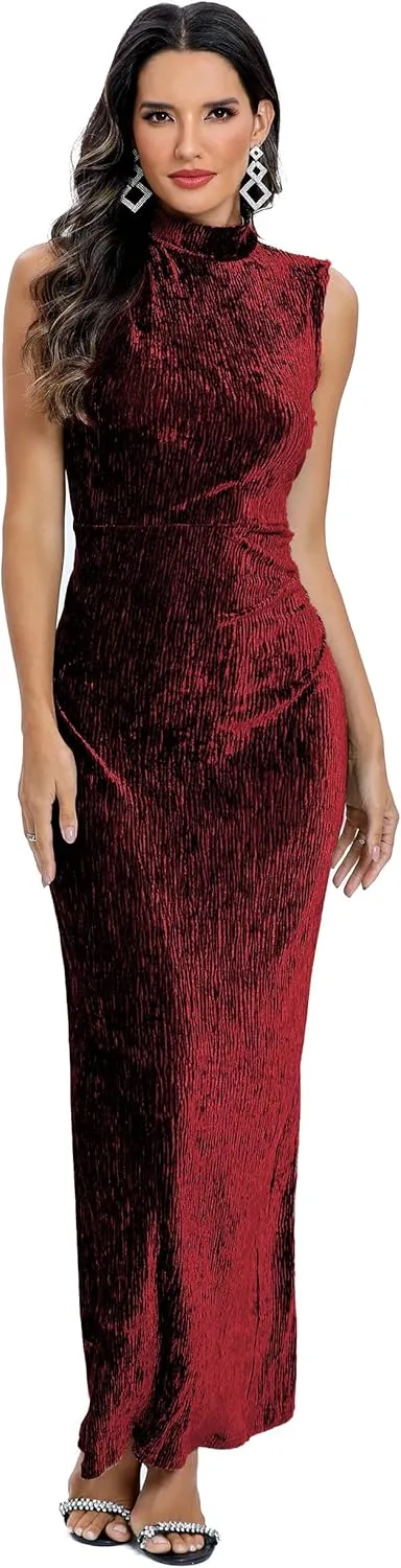 Aigeman Women Open Back Velvet Maxi Dress Halter Evening Gown Back Split Backless Bodycon Velvet Cocktail Dress 79