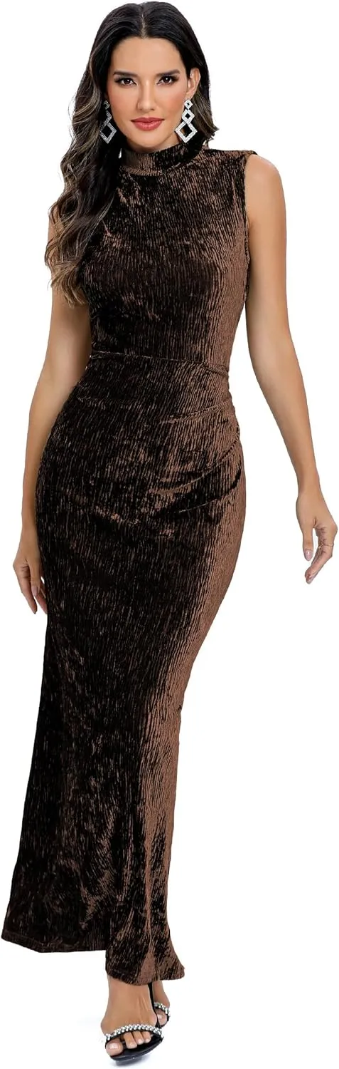 Aigeman Women Open Back Velvet Maxi Dress Halter Evening Gown Back Split Backless Bodycon Velvet Cocktail Dress 79