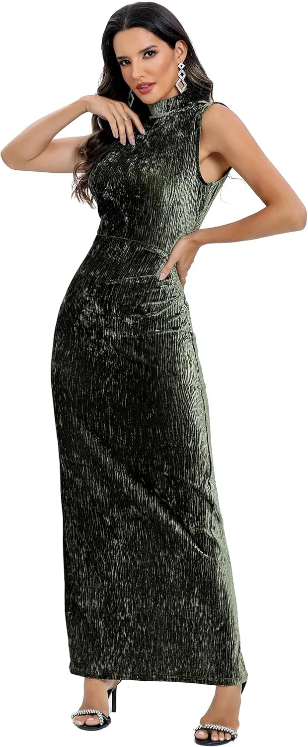 Aigeman Women Open Back Velvet Maxi Dress Halter Evening Gown Back Split Backless Bodycon Velvet Cocktail Dress 79