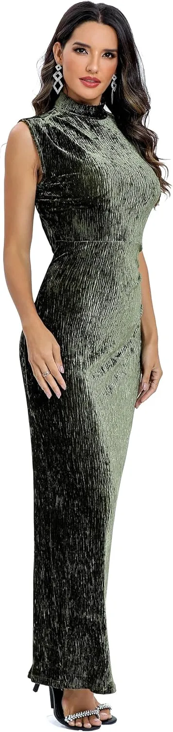 Aigeman Women Open Back Velvet Maxi Dress Halter Evening Gown Back Split Backless Bodycon Velvet Cocktail Dress 79