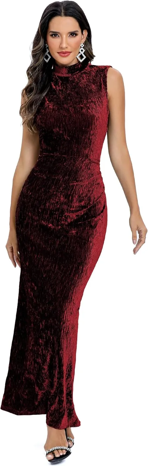 Aigeman Women Open Back Velvet Maxi Dress Halter Evening Gown Back Split Backless Bodycon Velvet Cocktail Dress 79