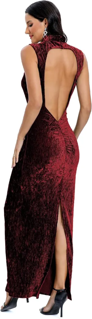 Aigeman Women Open Back Velvet Maxi Dress Halter Evening Gown Back Split Backless Bodycon Velvet Cocktail Dress 79