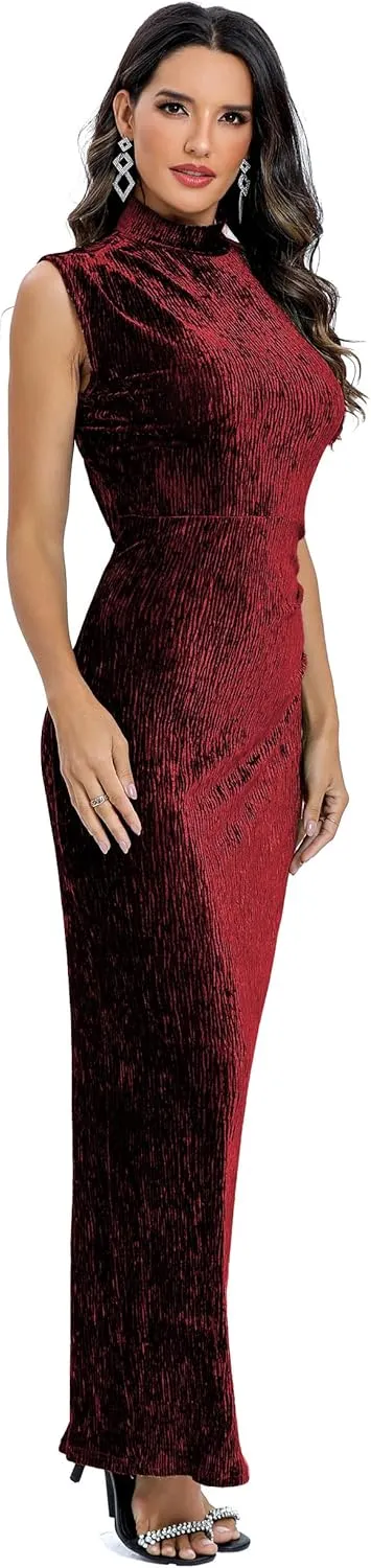 Aigeman Women Open Back Velvet Maxi Dress Halter Evening Gown Back Split Backless Bodycon Velvet Cocktail Dress 79