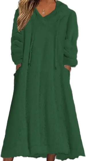 Akivide Women Fall Winter Fuzzy Fleece Long Dress Casual Oversized Long Sleeve Pullover Hooded Jackets with Pockets