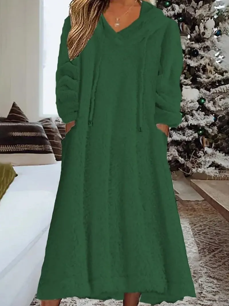 Akivide Women Fall Winter Fuzzy Fleece Long Dress Casual Oversized Long Sleeve Pullover Hooded Jackets with Pockets