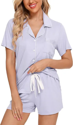 Anjue Womens Pajamas Set Short Sleeve Sleepwear Button Down Nightwear Shorts Soft Pj Sets S-XXL