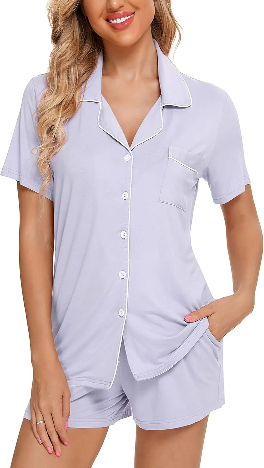 Anjue Womens Pajamas Set Short Sleeve Sleepwear Button Down Nightwear Shorts Soft Pj Sets S-XXL