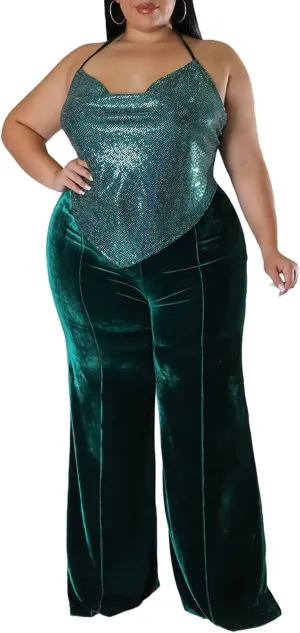 Aro Lora Womens Plus Size Velvet High Waist Bell Bottom Wide Leg Palazzo Flare Pant Trouser