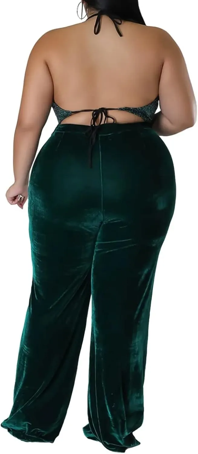Aro Lora Womens Plus Size Velvet High Waist Bell Bottom Wide Leg Palazzo Flare Pant Trouser